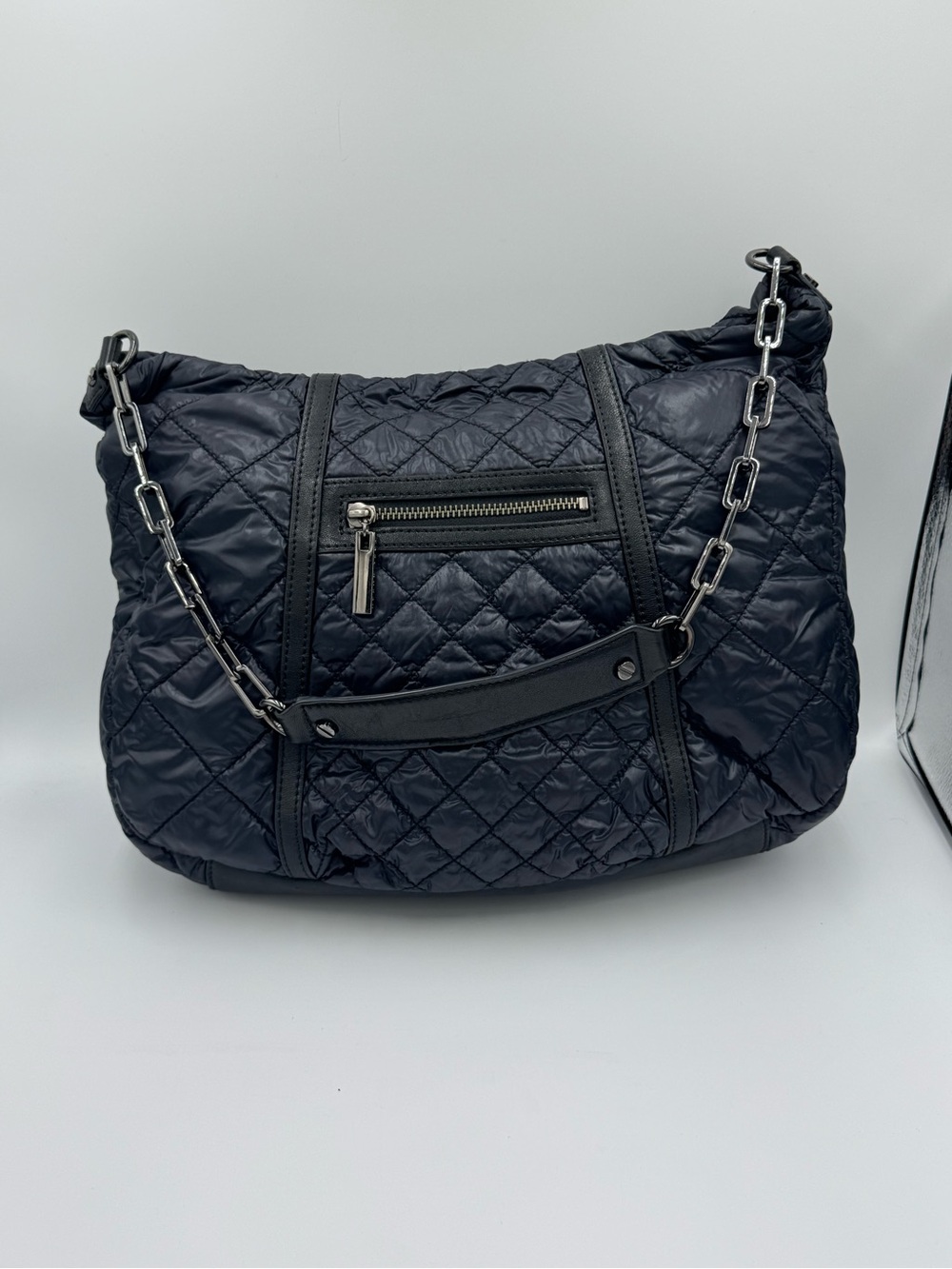 Tory Burch Quilted Black Nylon Shoulder Hobo with Leather Trim & Chain Strap - Picture 9 of 13